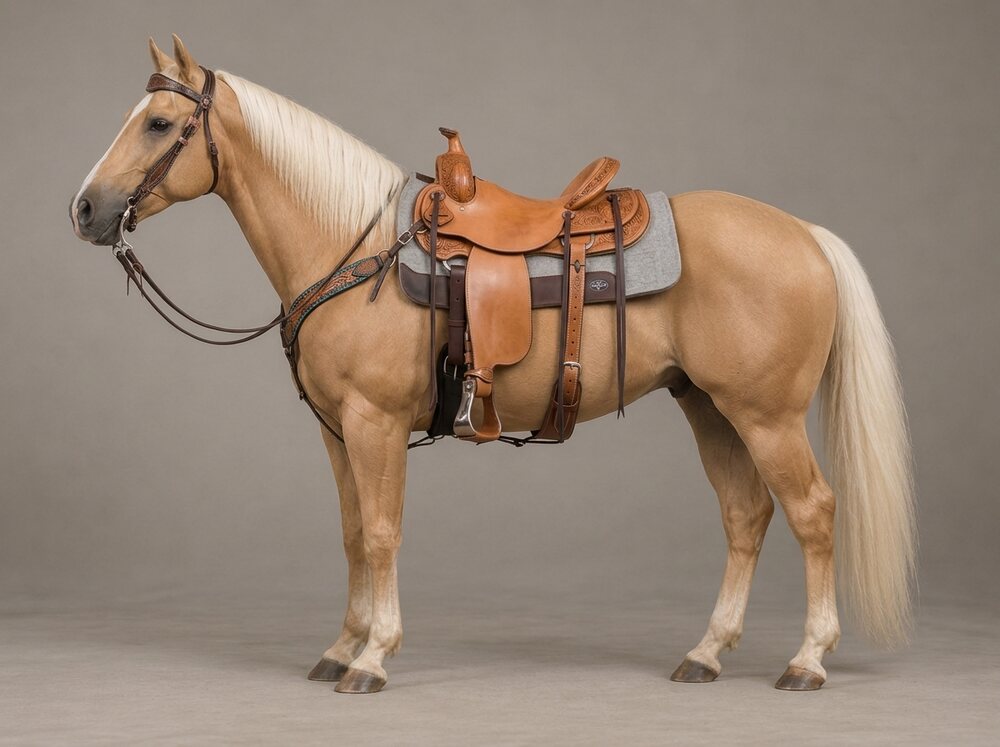 The same palomino wearing a ranch saddle, felt pad, floral headstall and tooled breast collar